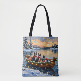 Boston Terrier Christmas Boat Holiday Tote Bag