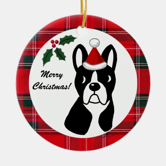 Boston Terrier Christmas Cartoon Tartan Ceramic Tree Decoration (Front)