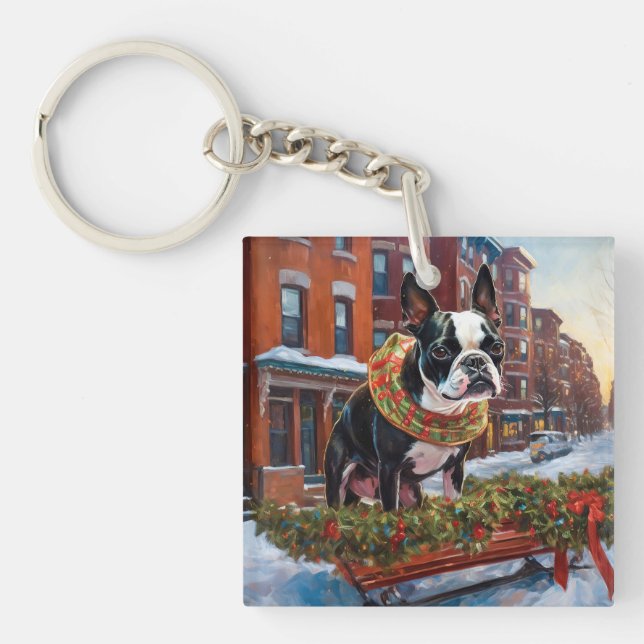 Boston Terrier Christmas Festive Season Key Ring (Front)