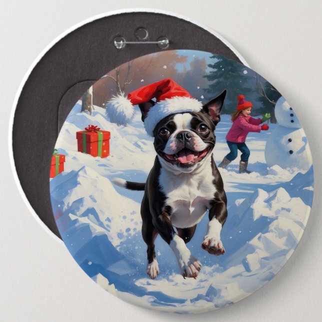 Boston Terrier  Christmas Festive Snow Scene 6 Cm Round Badge (Front & Back)