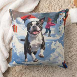 Boston Terrier  Christmas Festive Snow Scene Cushion