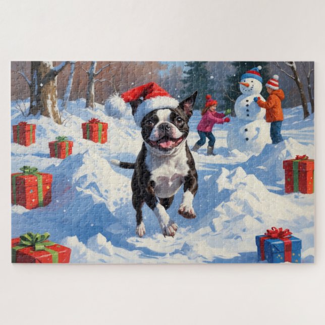 Boston Terrier  Christmas Festive Snow Scene Jigsaw Puzzle (Horizontal)