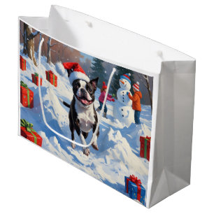 Boston Terrier  Christmas Festive Snow Scene Large Gift Bag