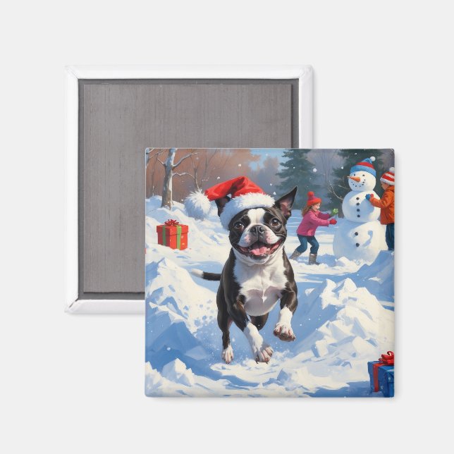 Boston Terrier  Christmas Festive Snow Scene Magnet (Front/Back)