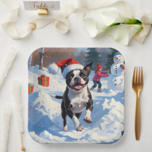 Boston Terrier Christmas Festive Snow Scene Paper Plate