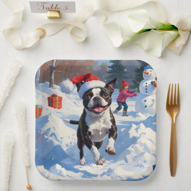 Boston Terrier  Christmas Festive Snow Scene Paper Plate (Wedding)