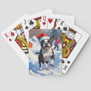 Boston Terrier  Christmas Festive Snow Scene Playing Cards