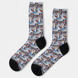 Boston Terrier Christmas Festive Snow Scene Socks
