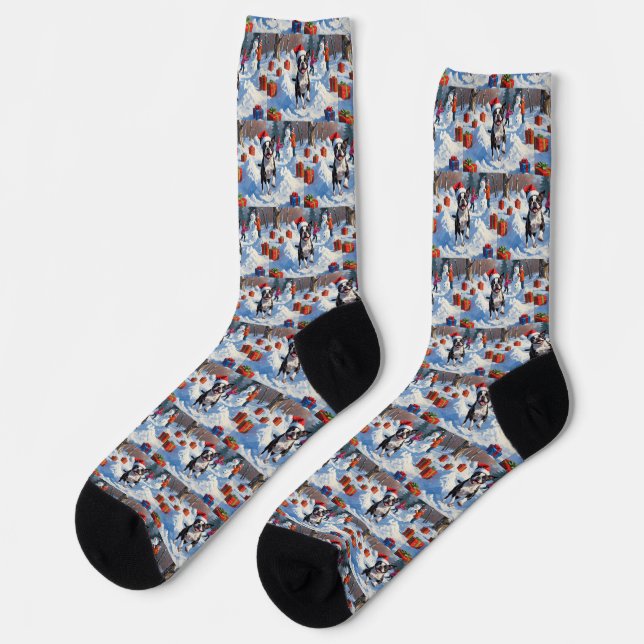 Boston Terrier  Christmas Festive Snow Scene Socks (Left)