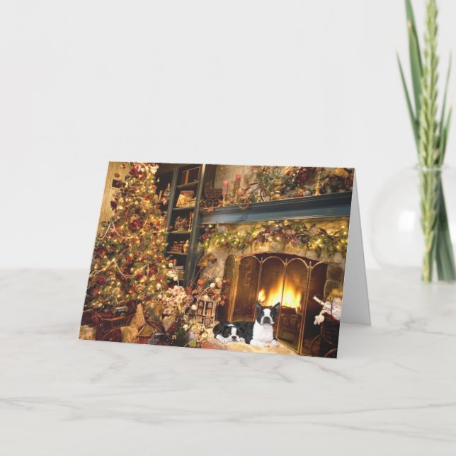 Boston Terrier Christmas Fireplace Card (Front)