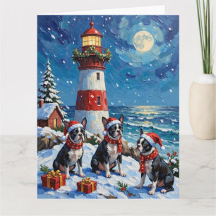 Boston Terrier Christmas Lighthouse Holiday Card