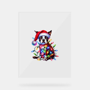 Boston Terrier Christmas Lights Santa Hat Dog Love Acrylic Sign