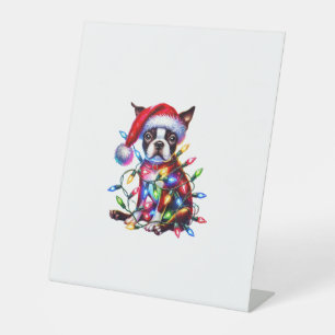 Boston Terrier Christmas Lights Santa Hat Dog Love Pedestal Sign
