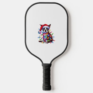 Boston Terrier Christmas Lights Santa Hat Dog Love Pickleball Paddle