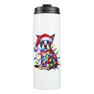 Boston Terrier Christmas Lights Santa Hat Dog Love Thermal Tumbler