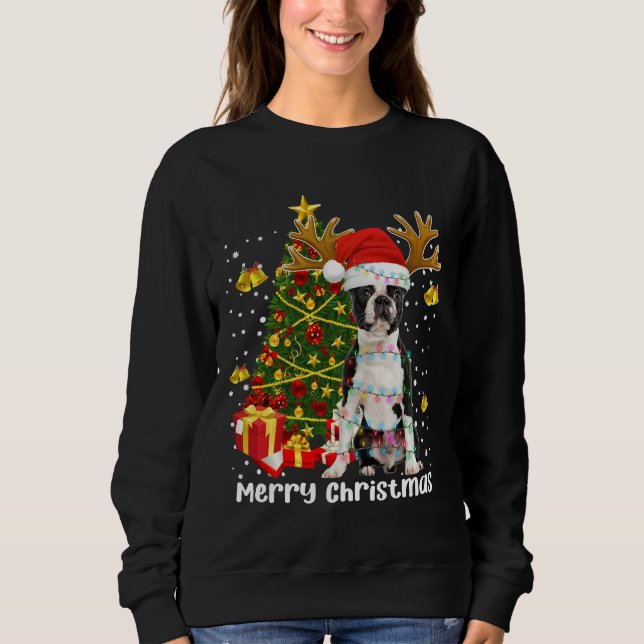 Boston Terrier Christmas Lights Tree Santa Xmas Pa Sweatshirt (Front)