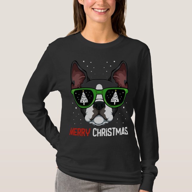 Boston Terrier Christmas Pajama Dog Sunglasses X-M T-Shirt (Front)