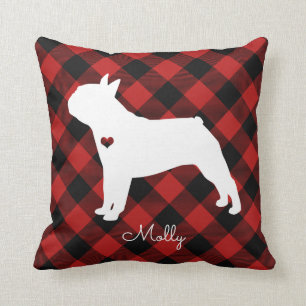 Boston Terrier Christmas Plaid Dog Name Cushion