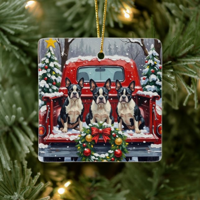Boston Terrier Christmas Red Truck Holiday Ceramic Ornament (Tree)