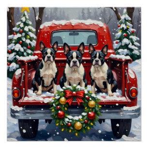 Boston Terrier Christmas Red Truck Holiday Poster