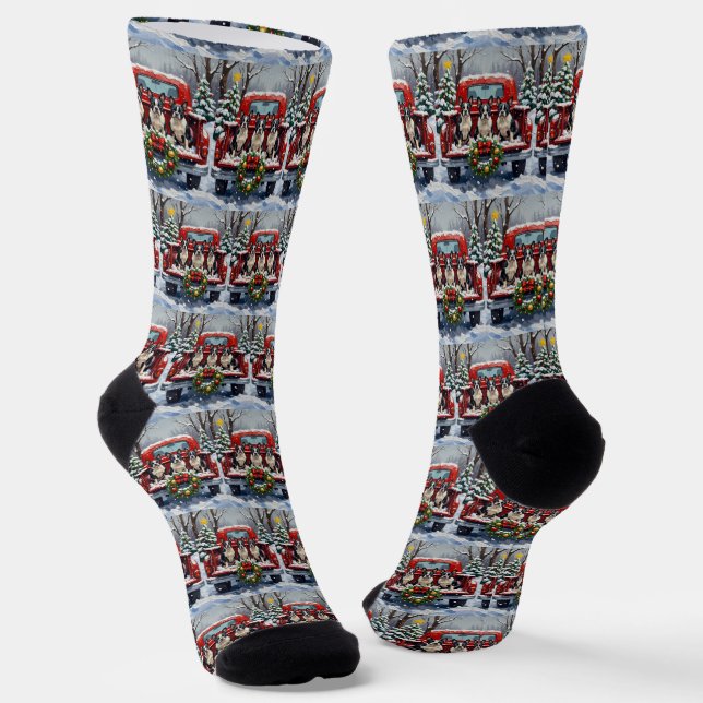 Boston Terrier Christmas Red Truck Holiday Socks (Angled)