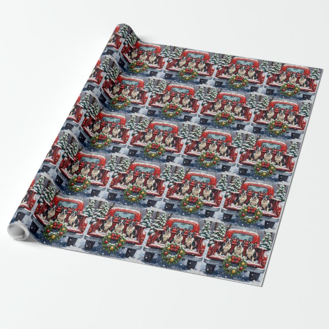 Boston Terrier Christmas Red Truck Holiday Wrapping Paper (Unrolled)