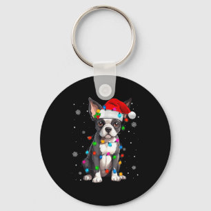 Boston Terrier Christmas Santa Hat Key Ring