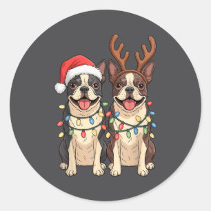 Boston Terrier Christmas Santa Hat Reindeer Lights Classic Round Sticker