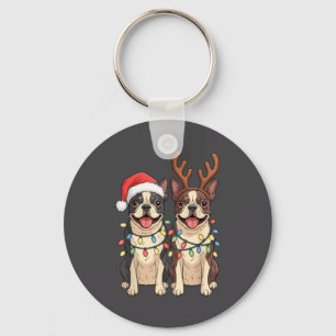 Boston Terrier Christmas Santa Hat Reindeer Lights Key Ring