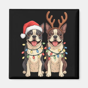 Boston Terrier Christmas Santa Hat Reindeer Lights Magnet