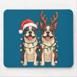 Boston Terrier Christmas Santa Hat Reindeer Lights Mouse Pad