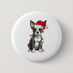 Boston Terrier Christmas Santa Hat Tree Lights Paj 6 Cm Round Badge