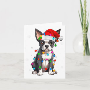 Boston Terrier Christmas Santa Hat Tree Lights Paj Card