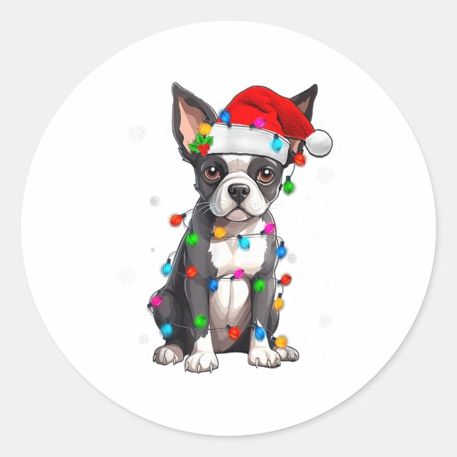 Boston Terrier Christmas Santa Hat Tree Lights Paj Classic Round Sticker (Front)