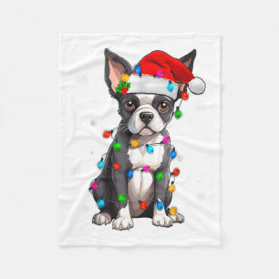 Boston Terrier Christmas Santa Hat Tree Lights Paj Fleece Blanket