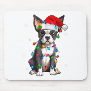 Boston Terrier Christmas Santa Hat Tree Lights Paj Mouse Pad