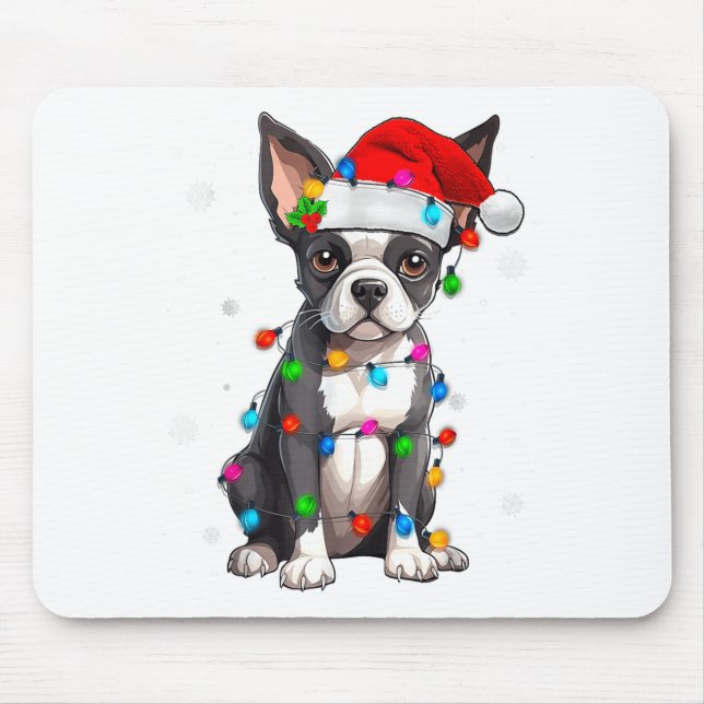 Boston Terrier Christmas Santa Hat Tree Lights Paj Mouse Pad (Front)