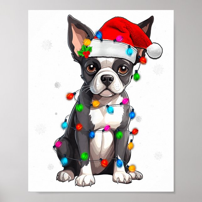 Boston Terrier Christmas Santa Hat Tree Lights Paj Poster (Front)