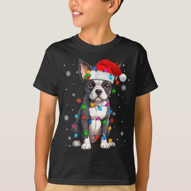 Boston Terrier Christmas Santa Hat Tree Lights Paj T-Shirt (Front)