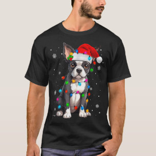 Boston Terrier Christmas Santa Hat Tree Lights Paj T-Shirt