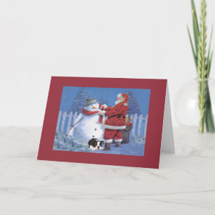 Boston Terrier Christmas Snowman and Santa Greetin Holiday Card