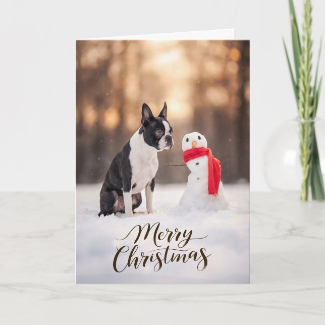 Boston Terrier Christmas Snowman Holiday Card (Front)