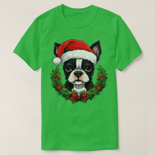Boston Terrier Christmas T-Shirt (Design Front)