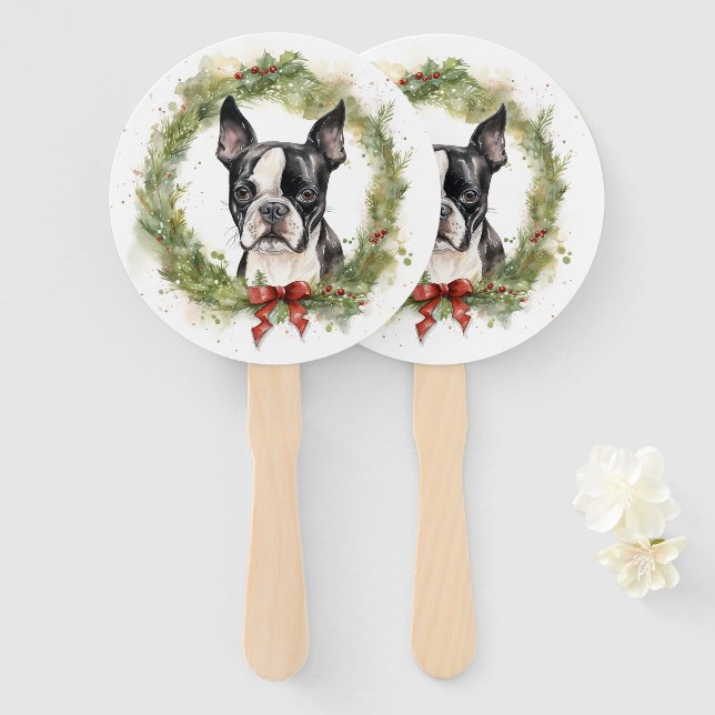 Boston Terrier Christmas Wreath Festive Pup  Hand Fan (Front and Back)