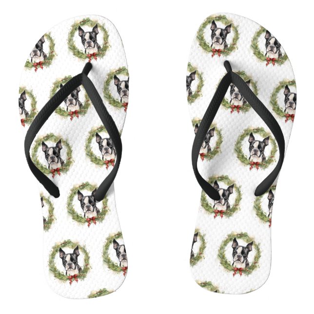 Boston Terrier Christmas Wreath Festive Pup  Jandals (Footbed)