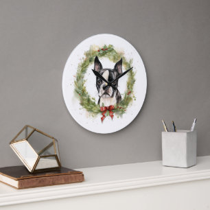 Boston Terrier Christmas Wreath Festive Pup Large Clock
