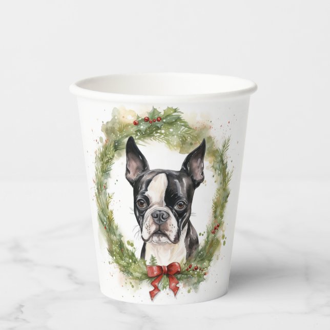 Boston Terrier Christmas Wreath Festive Pup  Paper Cups (Front)