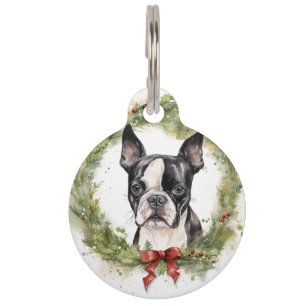 Boston Terrier Christmas Wreath Festive Pup Pet Tag