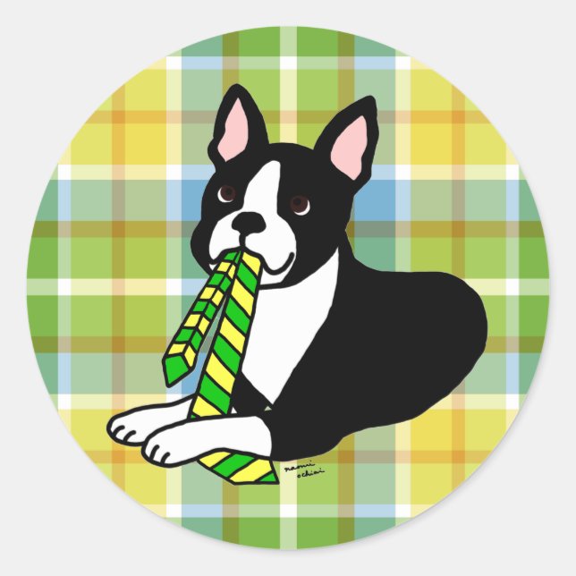 Boston Terrier Daddy 1 Plaid Classic Round Sticker (Front)