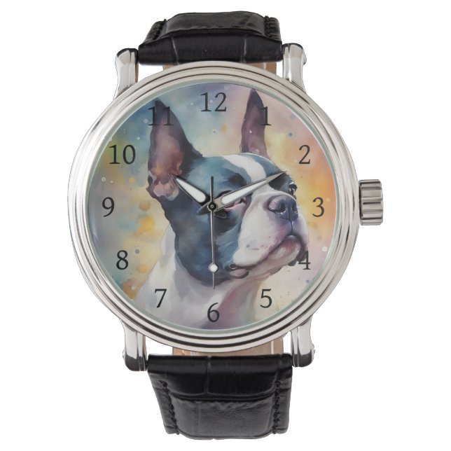 Boston Terrier Digital Watercolor Portrait Dog 173 Watch (Front)